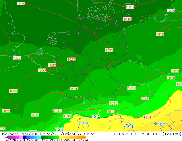 Thck 700-1000 hPa UK-Global wto. 11.06.2024 18 UTC