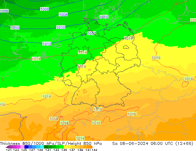 Espesor 850-1000 hPa UK-Global sáb 08.06.2024 06 UTC