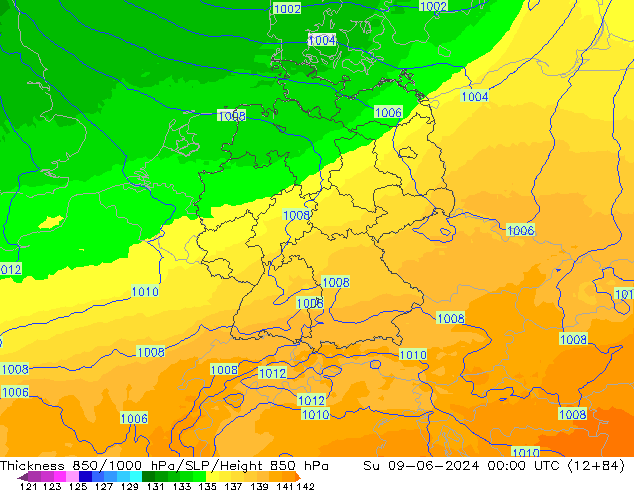 Schichtdicke 850-1000 hPa UK-Global So 09.06.2024 00 UTC