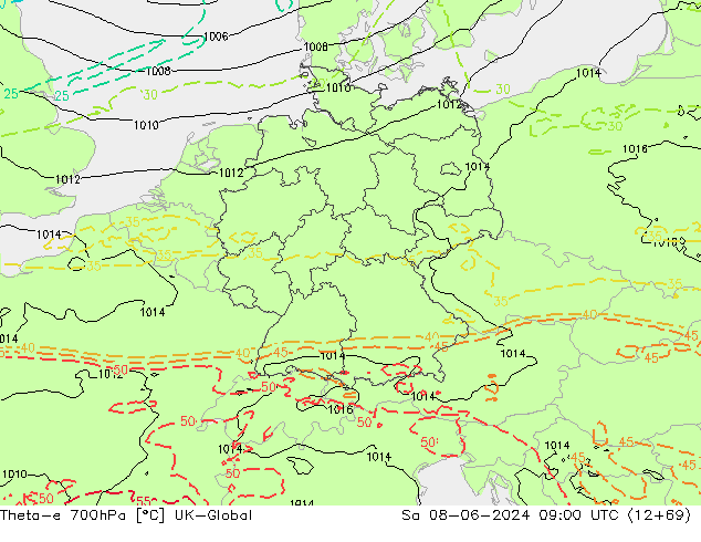 Theta-e 700hPa UK-Global Cts 08.06.2024 09 UTC