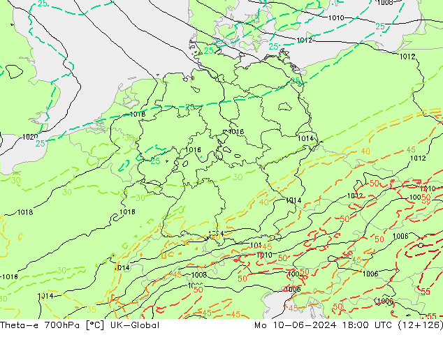 Theta-e 700hPa UK-Global Mo 10.06.2024 18 UTC