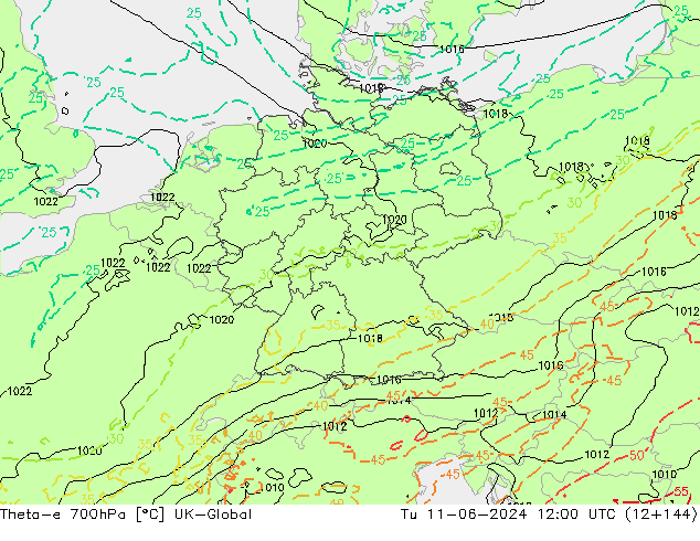 Theta-e 700hPa UK-Global Út 11.06.2024 12 UTC