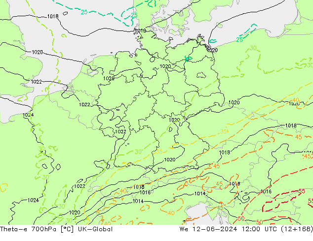 Theta-e 700hPa UK-Global mer 12.06.2024 12 UTC