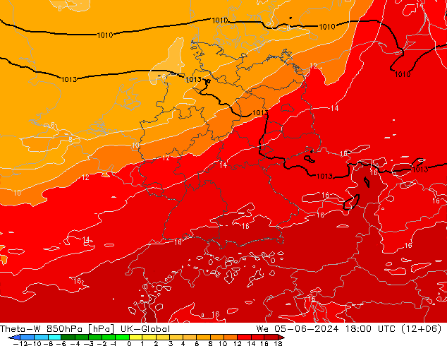 Theta-W 850hPa UK-Global Çar 05.06.2024 18 UTC