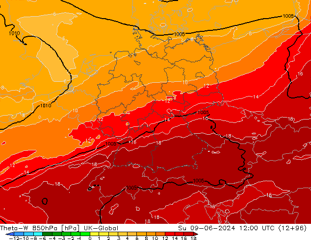 Theta-W 850hPa UK-Global dim 09.06.2024 12 UTC
