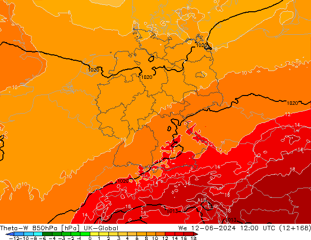 Theta-W 850hPa UK-Global We 12.06.2024 12 UTC