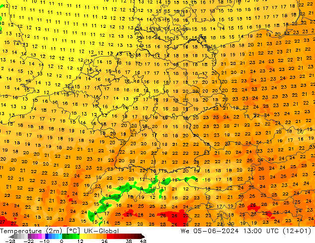 mapa temperatury (2m) UK-Global śro. 05.06.2024 13 UTC