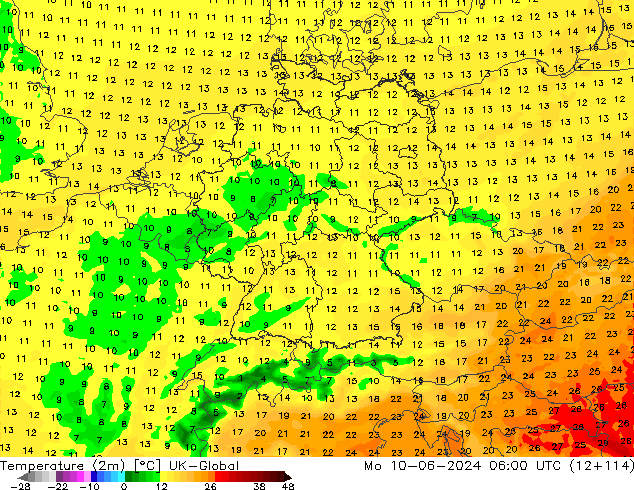 Temperature (2m) UK-Global Po 10.06.2024 06 UTC