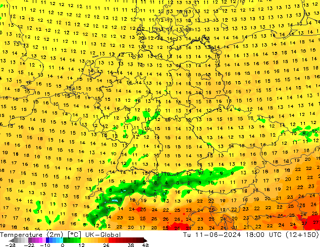 Temperatura (2m) UK-Global mar 11.06.2024 18 UTC