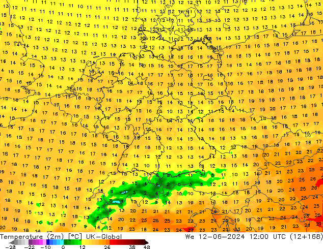 température (2m) UK-Global mer 12.06.2024 12 UTC