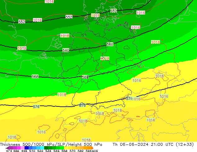 Espesor 500-1000 hPa UK-Global jue 06.06.2024 21 UTC