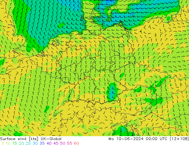 Surface wind UK-Global Mo 10.06.2024 00 UTC