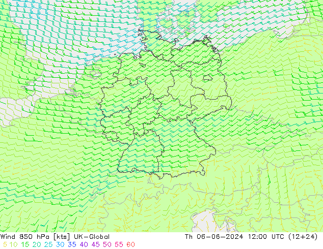 Wind 850 hPa UK-Global Do 06.06.2024 12 UTC