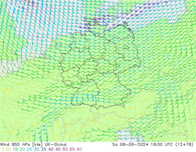 Wind 850 hPa UK-Global So 08.06.2024 18 UTC