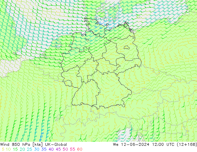 Wind 850 hPa UK-Global We 12.06.2024 12 UTC