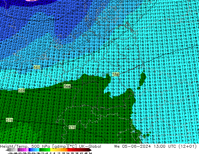 Height/Temp. 500 hPa UK-Global We 05.06.2024 13 UTC