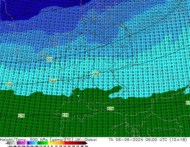 Height/Temp. 500 hPa UK-Global Čt 06.06.2024 06 UTC