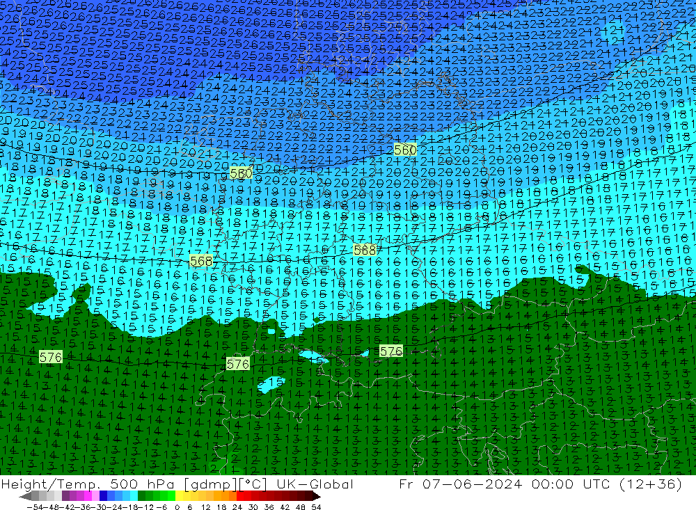 Hoogte/Temp. 500 hPa UK-Global vr 07.06.2024 00 UTC