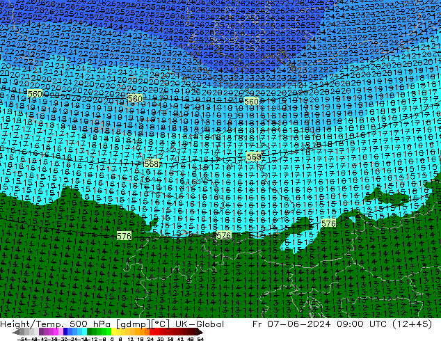 Height/Temp. 500 hPa UK-Global Fr 07.06.2024 09 UTC