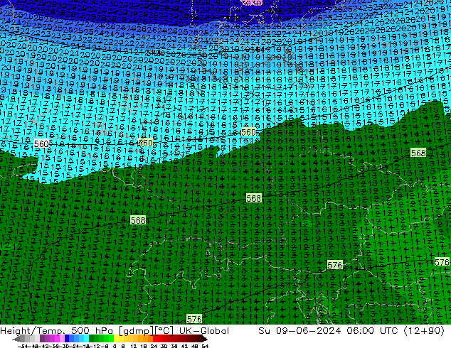 Géop./Temp. 500 hPa UK-Global dim 09.06.2024 06 UTC