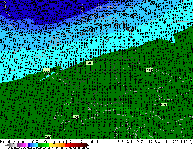 Height/Temp. 500 hPa UK-Global Dom 09.06.2024 18 UTC