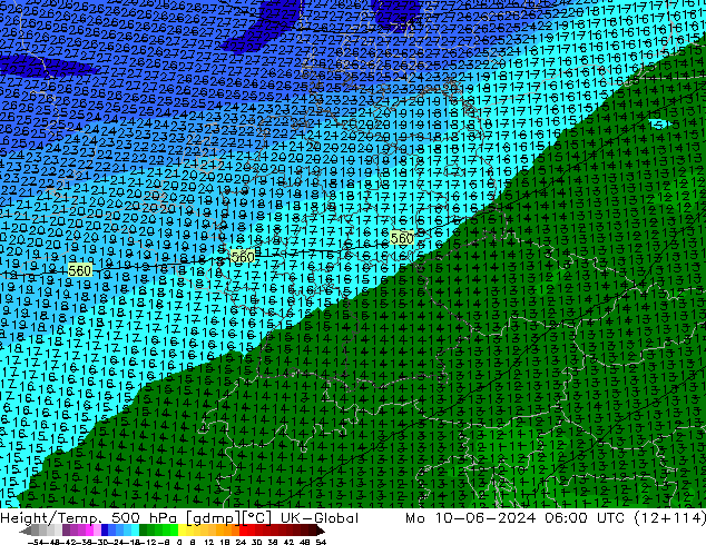 Height/Temp. 500 hPa UK-Global lun 10.06.2024 06 UTC