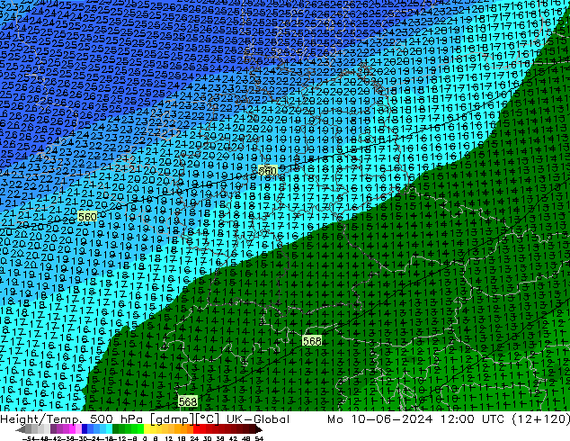 Height/Temp. 500 hPa UK-Global Po 10.06.2024 12 UTC