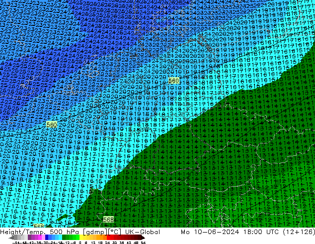 Height/Temp. 500 hPa UK-Global Mo 10.06.2024 18 UTC