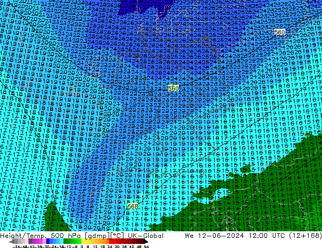 Height/Temp. 500 hPa UK-Global mer 12.06.2024 12 UTC