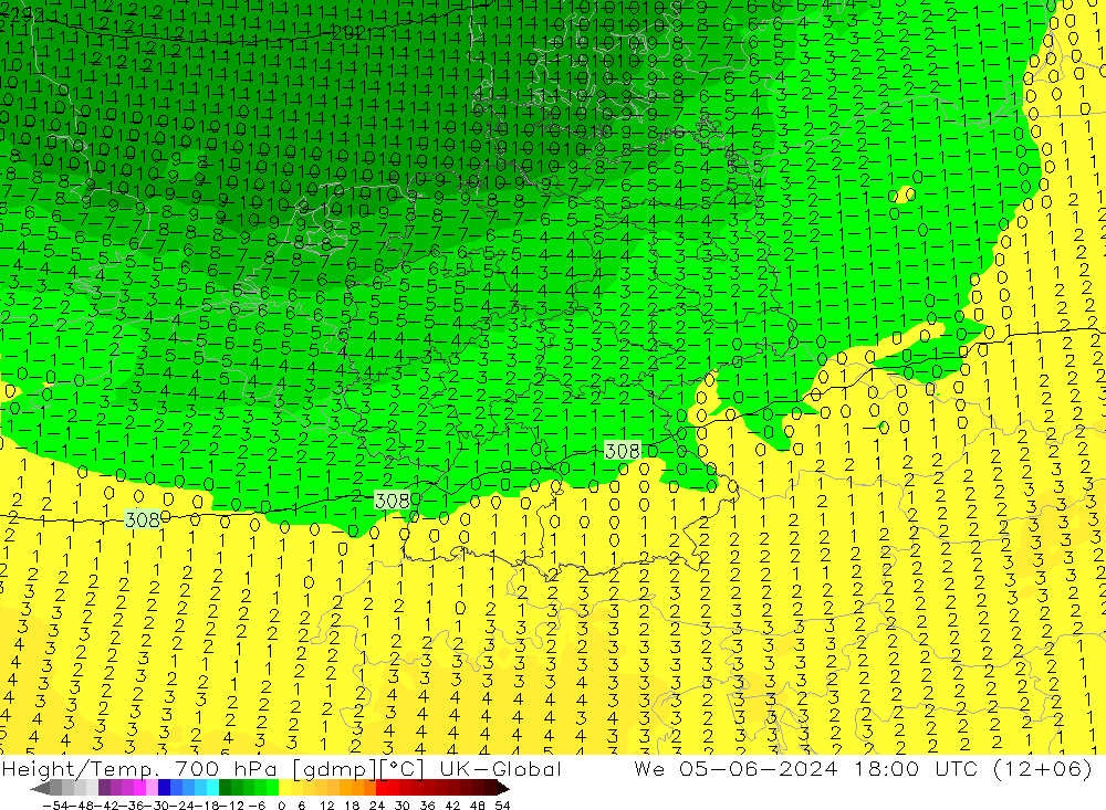 Height/Temp. 700 hPa UK-Global śro. 05.06.2024 18 UTC