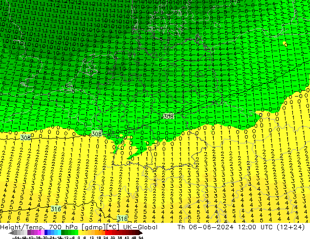 Height/Temp. 700 hPa UK-Global czw. 06.06.2024 12 UTC