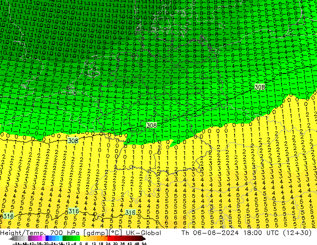 Height/Temp. 700 hPa UK-Global Čt 06.06.2024 18 UTC