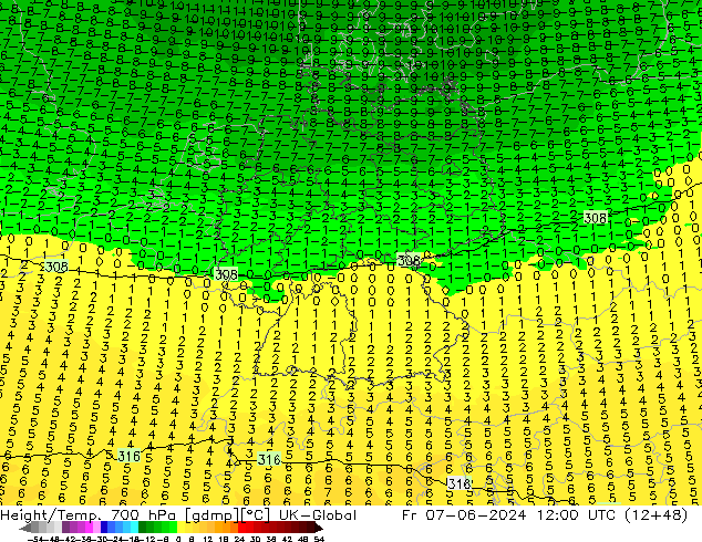 Height/Temp. 700 hPa UK-Global Fr 07.06.2024 12 UTC