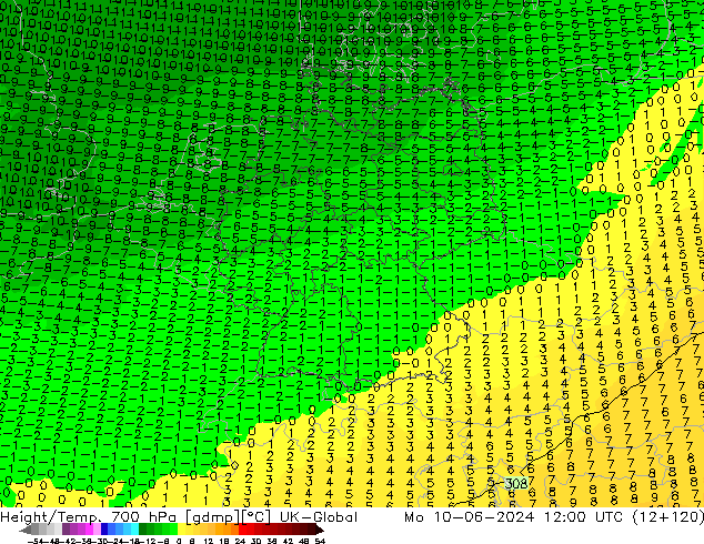 Height/Temp. 700 hPa UK-Global Mo 10.06.2024 12 UTC