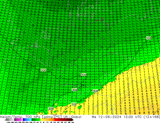 Height/Temp. 700 hPa UK-Global We 12.06.2024 12 UTC