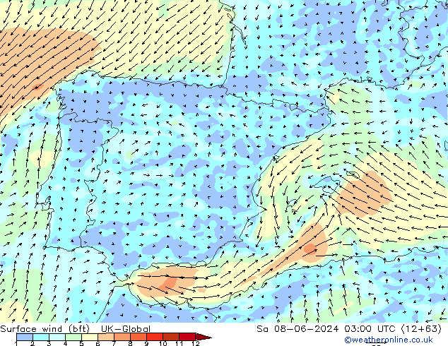 Surface wind (bft) UK-Global Sa 08.06.2024 03 UTC