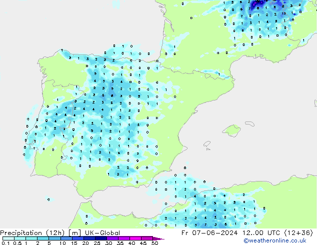 Totale neerslag (12h) UK-Global vr 07.06.2024 00 UTC