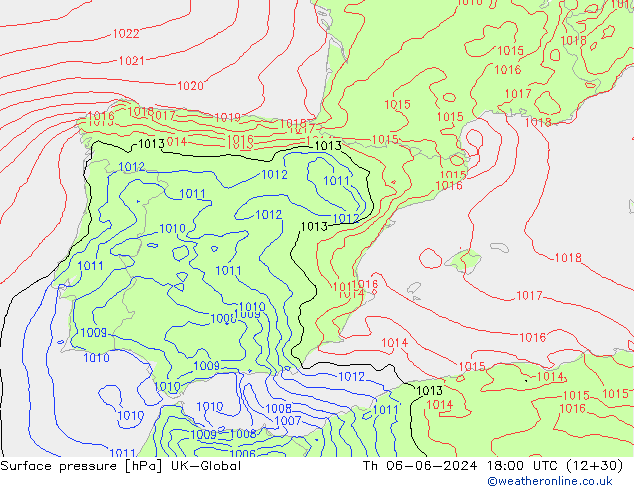 Presión superficial UK-Global jue 06.06.2024 18 UTC
