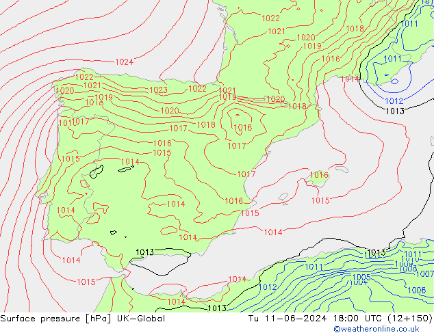 Luchtdruk (Grond) UK-Global di 11.06.2024 18 UTC