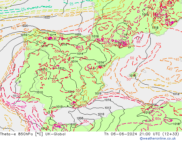 Theta-e 850hPa UK-Global Th 06.06.2024 21 UTC