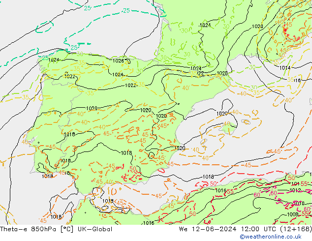 Theta-e 850hPa UK-Global  12.06.2024 12 UTC