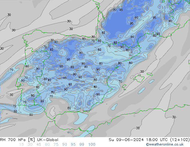 RH 700 hPa UK-Global  09.06.2024 18 UTC