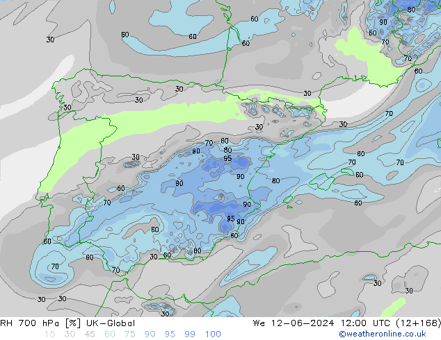 RH 700 гПа UK-Global ср 12.06.2024 12 UTC