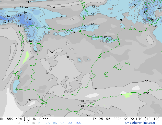RH 850 hPa UK-Global Th 06.06.2024 00 UTC