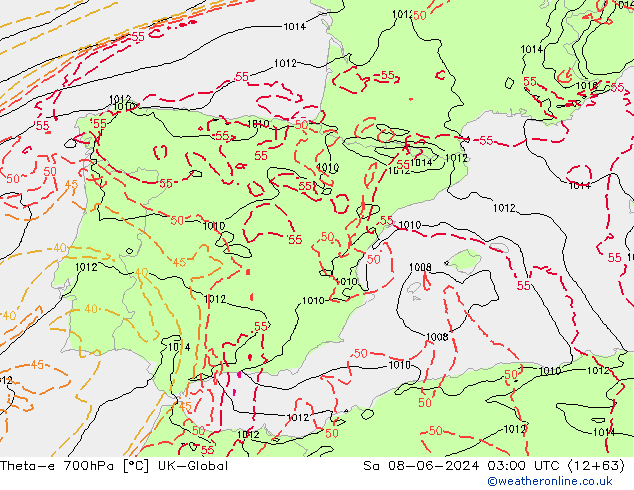 Theta-e 700hPa UK-Global Sa 08.06.2024 03 UTC