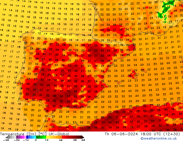 température (2m) UK-Global jeu 06.06.2024 18 UTC