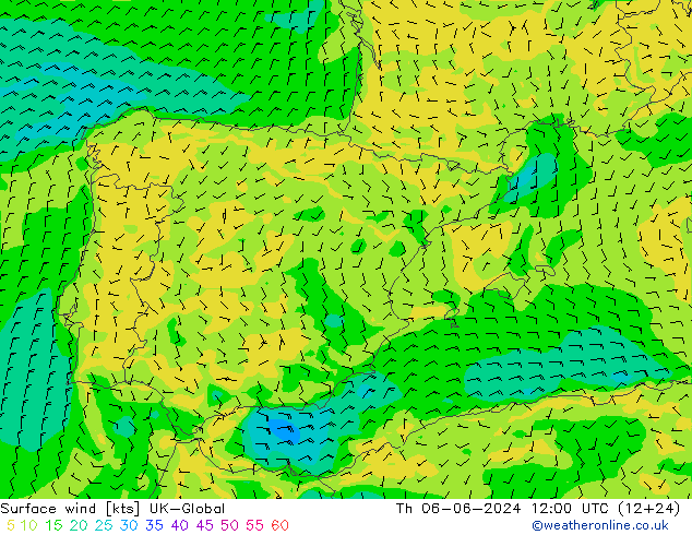 Viento 10 m UK-Global jue 06.06.2024 12 UTC