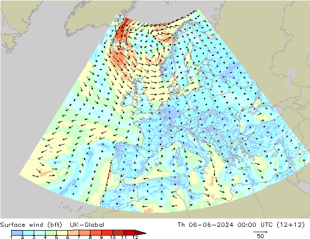 Rüzgar 10 m (bft) UK-Global Per 06.06.2024 00 UTC
