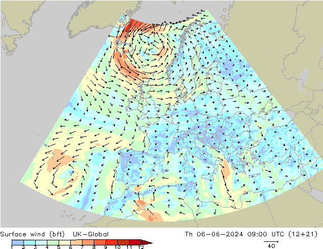 Vento 10 m (bft) UK-Global Qui 06.06.2024 09 UTC
