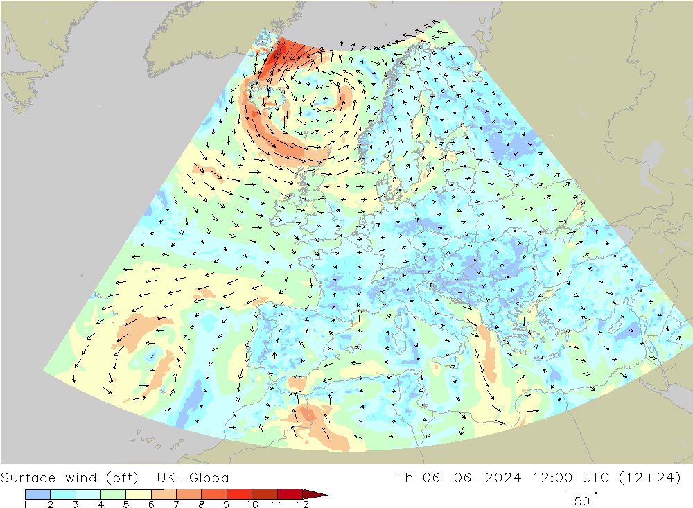 Wind 10 m (bft) UK-Global do 06.06.2024 12 UTC